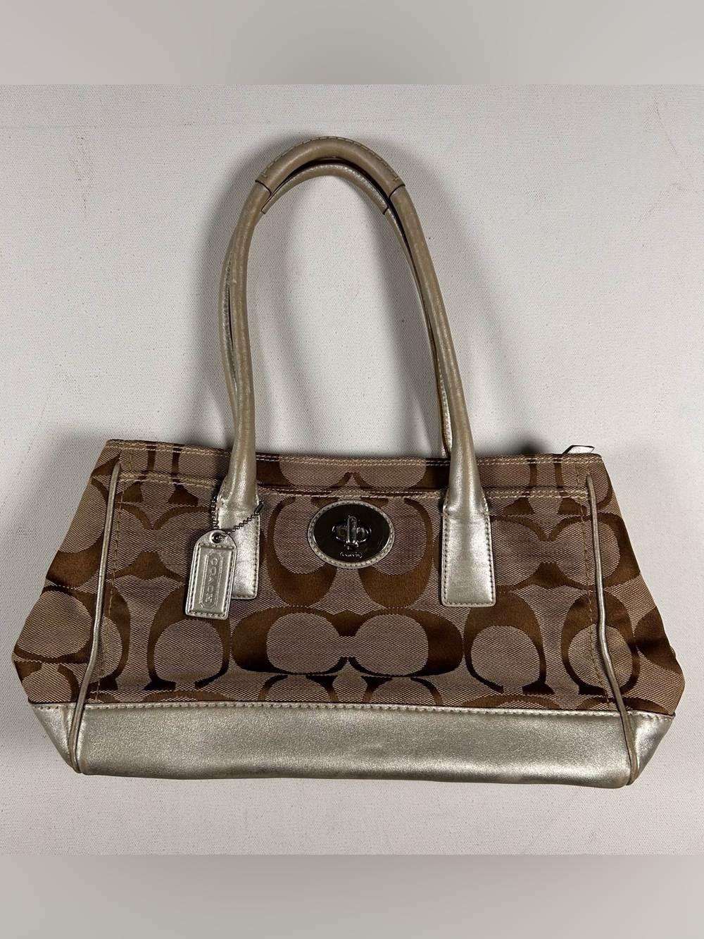 COACH 11557 Hampton Madeline Signature Satchel Handbag Brown Silver Leather